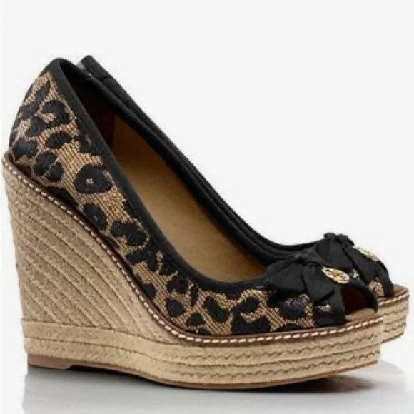 Tory Burch Jackie Peep-Toe Leopard Print Wedge Espadrilles - Picture 1 of 6